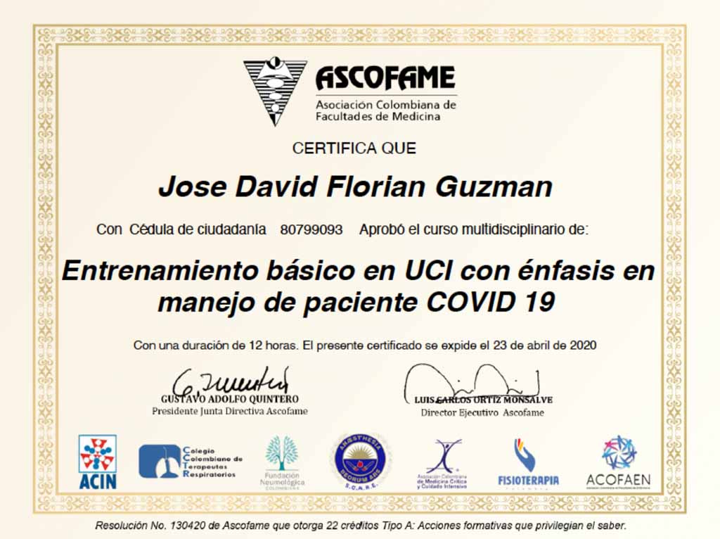Certificado Entrenamiento Básico UCI en énfasis en manejo de paciente COVID 19